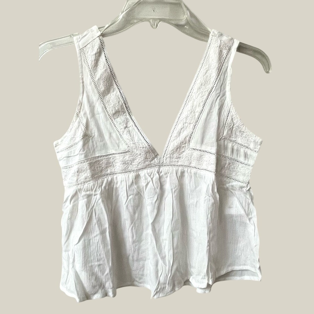 Melrose Place Eyelet Lace Crop Tank Top Blouse Boho Babydoll Womens Small Ivory
